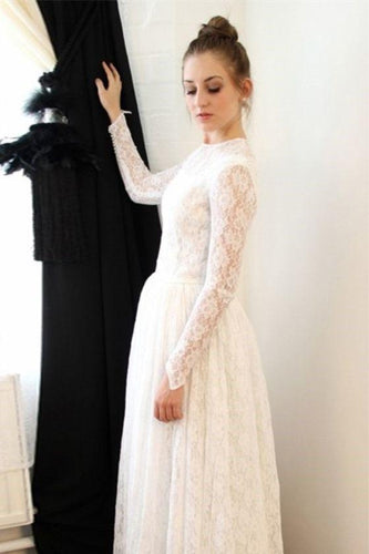 Elegant Princess Long Sleeve A Line Lace High Neck Ivory Long Wedding Dresses RS65