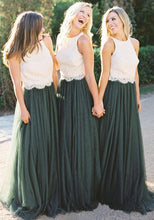 Load image into Gallery viewer, A Line Lace Bodice Green and White Tulle Long Round Neck Bridesmaid Dresses RS285