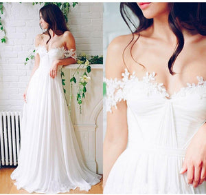 A Line Chiffon Sweetheart Lace Off the Shoulder Beach Wedding Dresses with Pleats RS276