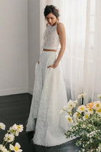 Load image into Gallery viewer, Two Piece Crew Sleeveless Sweep Train Open Back Ivory Lace Cheap Wedding Dresses RS206