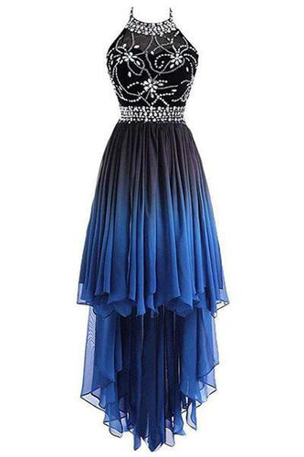 A Line Halter Beaded Blue High Low Chiffon Ombre Lace up Long Prom Dresses RS303