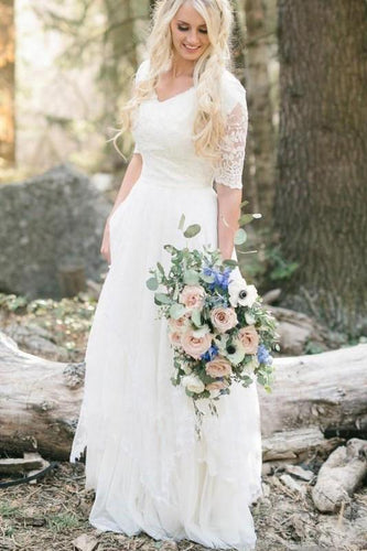 Bohemian Forest A Line V Neck Half Sleeves Sweetheart Lace Chiffon Wedding Dresses RS273