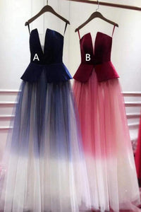 A Line Ombre Blue Tulle Long Prom Dress Unique New Style Strapless Evening Dress RS840