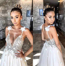 Load image into Gallery viewer, A Line Deep V Neck Spaghetti Straps Beads Backless Handmade Flower Wedding Dresses RS328