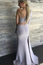 Load image into Gallery viewer, Sexy Mermaid One Shoulder Grey Slit Satin Long Zipper Prom Dresses RS63