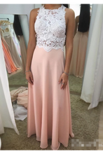 Load image into Gallery viewer, Halter Neck Ivory Top Beadings Blush Crepe Chiffon Prom SRSPK4BCR6R