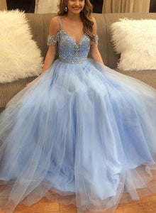Stylish A-Line V-Neck Off-the-Shoulder Blue Tulle Long Evening Dresses with Beading RS297