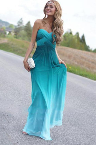 Green A-line Long Real Beauty Peacock Green Strapless Gradient Ombre Chiffon Prom Dresses RS339