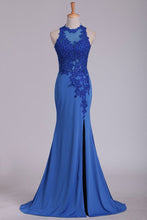 Load image into Gallery viewer, 2024 Prom Dresses Scoop With Applique And Slit Spandex Sheath Open Back
