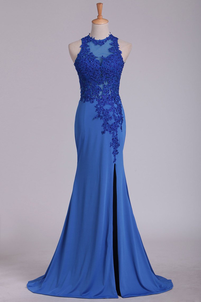 2024 Prom Dresses Scoop With Applique And Slit Spandex Sheath Open Back