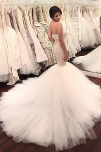 Stunning Mermaid Strapless Sweetheart Tulle Wedding Dresses with Appliques, Wedding Gowns SRS15439
