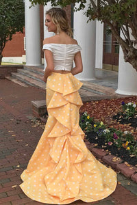 Two Piece Off-the-Shoulder White and Yellow Zipper V-Neck Mermaid Long Prom Dresses RS63