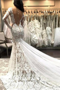 Mermaid V Neck Illusion Back Long Sleeves Ivory Tulle Court Train Wedding Dress with Lace RS845