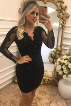 Load image into Gallery viewer, Sheath V Neck Long Sleeve Beads Black Above Knee Open Back Short Homecoming Dresses RS986