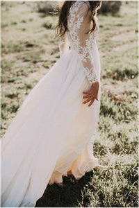 Princess A Line Long Sleeve Rustic Scoop Lace Appliques Tulle Ivory Beach Wedding Dress RS827