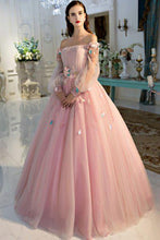 Load image into Gallery viewer, A Line Long Sleeve Pearl Pink Ball Gown Off the Shoulder Long Floral Fairy Prom Dresses RS261