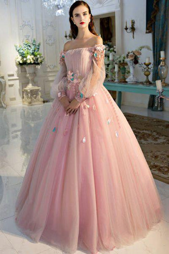 A Line Long Sleeve Pearl Pink Ball Gown Off the Shoulder Long Floral Fairy Prom Dresses RS261