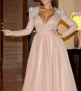 Elegant A Line Long Sleeve Deep V Neck Pink Beads Tulle Long Prom Dresses RS985