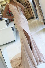 Load image into Gallery viewer, Sheath V Neck Pearl Pink Backless Beads Slit Satin Mermaid Sleeveless Prom Dresses RS22