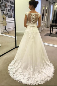 A Line Lace Appliques Tulle Ivory Scoop Long Wedding Dresses Cheap Bridal Dresses RS200