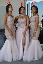 Load image into Gallery viewer, Mixed Style Long Lace Appliques Mermaid Tulle Blush Pink Long Bridesmaid Dresses RS835