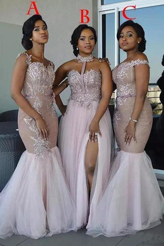 Mixed Style Long Lace Appliques Mermaid Tulle Blush Pink Long Bridesmaid Dresses RS835