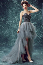 Load image into Gallery viewer, Elegant High Low Strapless Sweetheart Feathers Tulle Gray Prom Dresses with Lace SRS15643