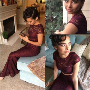 Sexy Two Pieces Burgundy Lace Mermaid Long Short Sleeves Floor Length Prom Dresses RS158