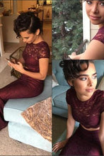 Load image into Gallery viewer, Sexy Two Pieces Burgundy Lace Mermaid Long Short Sleeves Floor Length Prom Dresses RS158