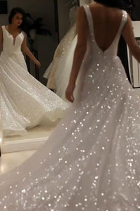Shiny Ivory Sequins V Neck Backless Straps Wedding Dresses, Beach Bridal Dresses SRS15375