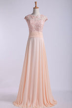 Load image into Gallery viewer, 2024 Scoop Prom Dresses A Line Chiffon With Applique And Ruffles Sweep Train