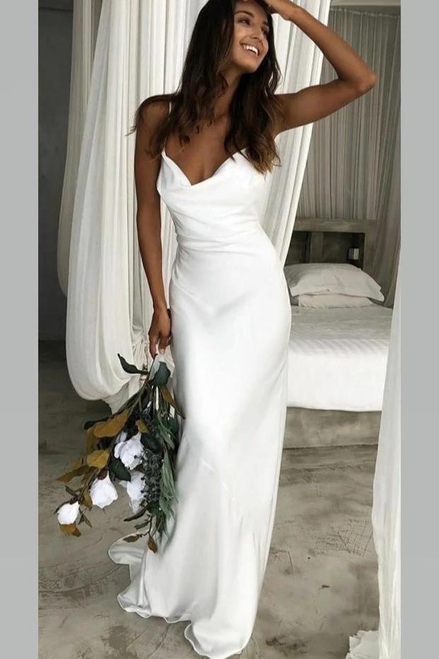 Elegant Mermaid Cowl Neckline White Simple Wedding Dresses, Spaghetti Straps Bridal Dress SRS15177