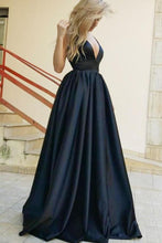 Load image into Gallery viewer, Empire Waist Deep V-Neck Long A-Line Navy Blue Simple Cheap Prom Dresses