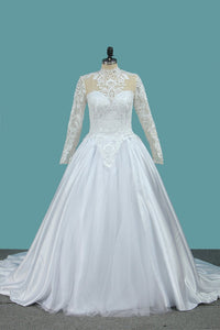 2023 A Line Long Sleeves High Neck Tulle With Applique Chapel Train Detachable Wedding Dresses
