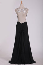 Load image into Gallery viewer, 2024 Sexy Open Back Prom Dresses Straps Sheath Chiffon With Beads And Ruffles