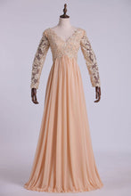 Load image into Gallery viewer, 2024 Best Selling Prom Dresses Long Sleeves A Line V Neck Chiffon