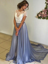 Load image into Gallery viewer, Pd61129 Charming Chiffon Short Sleeves Scoop A-Line Blue Backless Evening Dresses uk