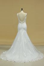 Load image into Gallery viewer, 2024 Straps Open Back Tulle With Applique And Beads Mermaid Chapel Train Wedding Dresses