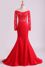 Load image into Gallery viewer, 2024 Red Prom Dresses Mermaid/Trumpet Spandex With Applique Sweep Train Red