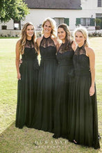 Load image into Gallery viewer, A-Line Long Black Lace Chiffon Bridesmiad Dresses Bridesmaid Gowns