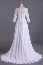 Load image into Gallery viewer, 2024 Bateau 3/4 Length Sleeve A Line Wedding Dresses Chiffon With Applique &amp; Handmade Flower