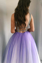 Load image into Gallery viewer, Pretty Omber Tulle Long V-Neck Purple Prom Dresses Flowy Party Dresses