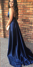 Load image into Gallery viewer, Simple Dark Navy Deep V-neck Split Long Prom Evening Gowns with Train Prom Dresses RS750
