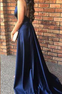 Simple Dark Navy Deep V-neck Split Long Prom Evening Gowns with Train Prom Dresses RS750