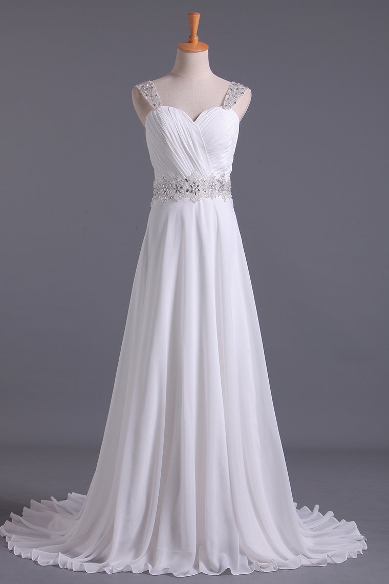 2024 White Wedding Dress Sweetheart A Line Pleated Bodice With Detachable Straps Beaded Chiffon