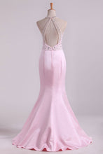 Load image into Gallery viewer, 2024 Halter Floor Length Mermaid Prom Dresses Open Back Satin With Beads &amp; Rhinestones