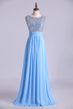 Load image into Gallery viewer, 2024 Floor Length Scoop V Back A Line Chiffon Prom Dresses Beaded&amp;Ruffled