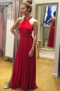 Formal Red Beading Chiffon Open Back Long Flowy Prom Dresses