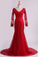 2023 Red V-Neck Evening Dresses Mermaid With Applique Lace And Tulle