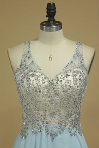 2024 Chiffon & Tulle V Neck Prom Dresses Beaded Bodice A Line